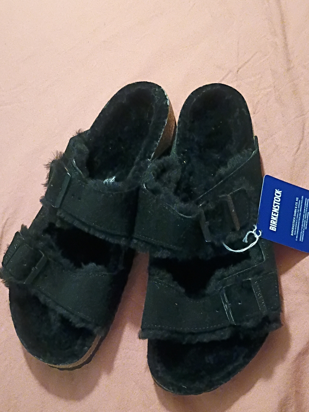 Birkenstock Women's Arizona Black Shearling Two-Strap Slide Sandals